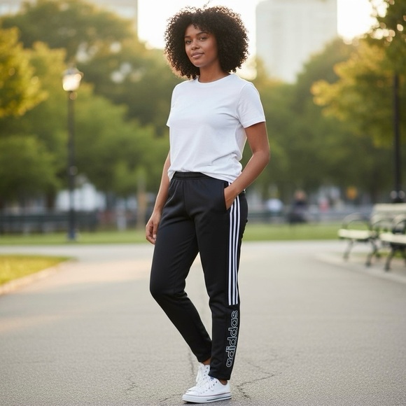 Adidas 3-Stripes Logo Joggers Black Fleece Track Sweatpants Athleisure Large - Picture 2 of 5